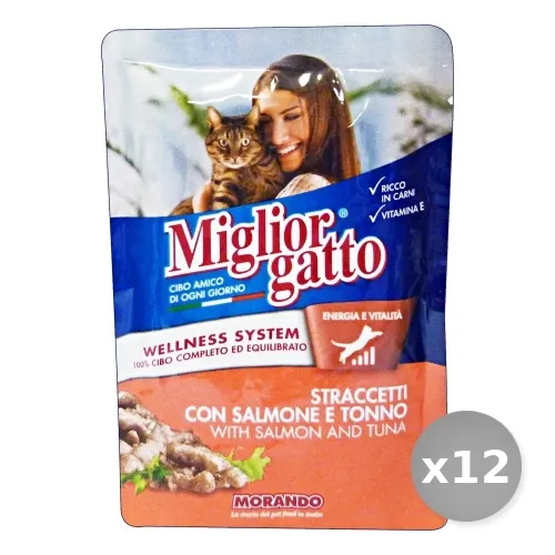 "Set 12 MIGLIOR GATTO Busta 100 gr Umido Salmone/tonno Straccetti"