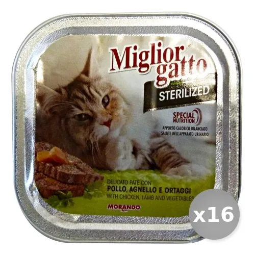 "Set 16 MIGLIOR GATTO Sterilized 100 gr Umido Pollo Agnello Ortaggi Cibo per Gatti"