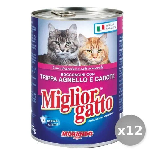 "Set 12 MIGLIOR GATTO 405 gr Umido Bocconcini Trippa-agnello -carote Cibo per Gatti"