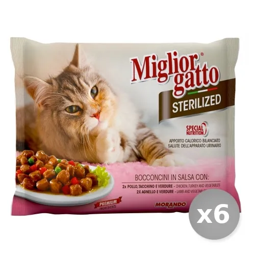 "Set 6 MIGLIOR GATTO Sterilized Bustine x 4 Pezzi Pollo Tacchino Verdure Agnello Cibo per Gatti"