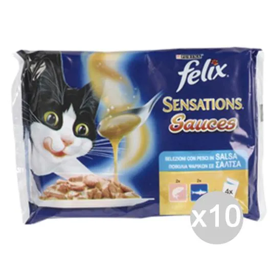 "Set 10 FELIX X4 Buste Sensation Salmone Gamberi Sardine 100 Cibo Per Gatti"