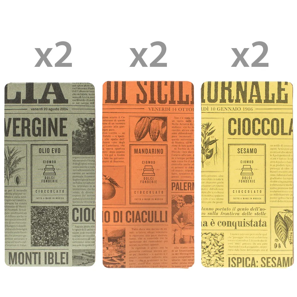 6 tavolette miste "Mix Sicilia": 2 Cioccolato con olio Evo DOP dei Monti Iblei - 2 Cioccolato con Mandarino tardivo di Ciaculli - 2 Cioccolato con sesamo di Ispica