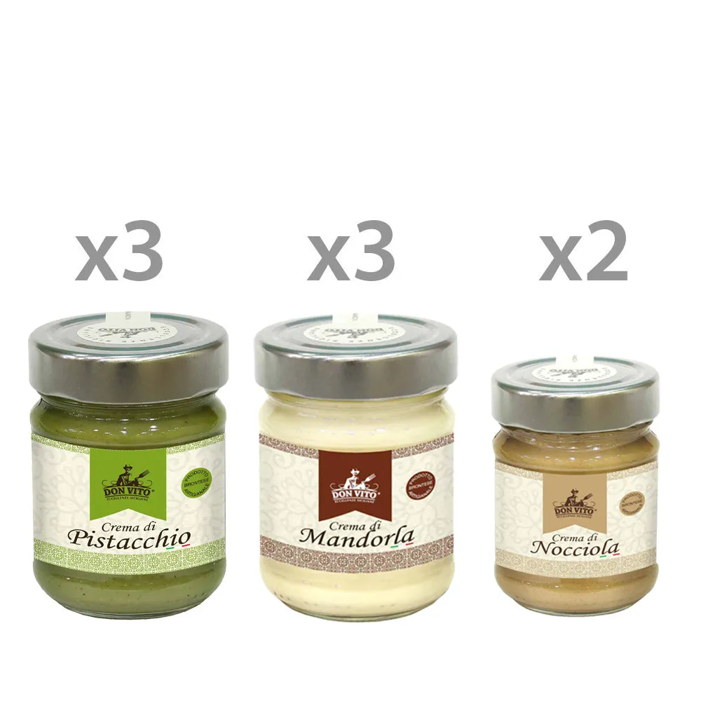 8 vasetti misti: 3 Crema di Pistacchio 190 gr - 3 Crema di Mandorla 190 gr - 2 Crema di Nocciola 90 gr