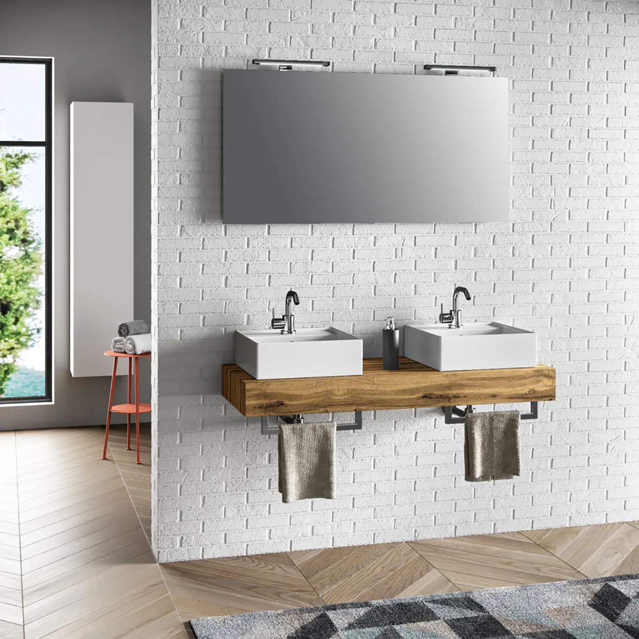 Composizione doppio lavabo 7 pezzi YOKA, quercia