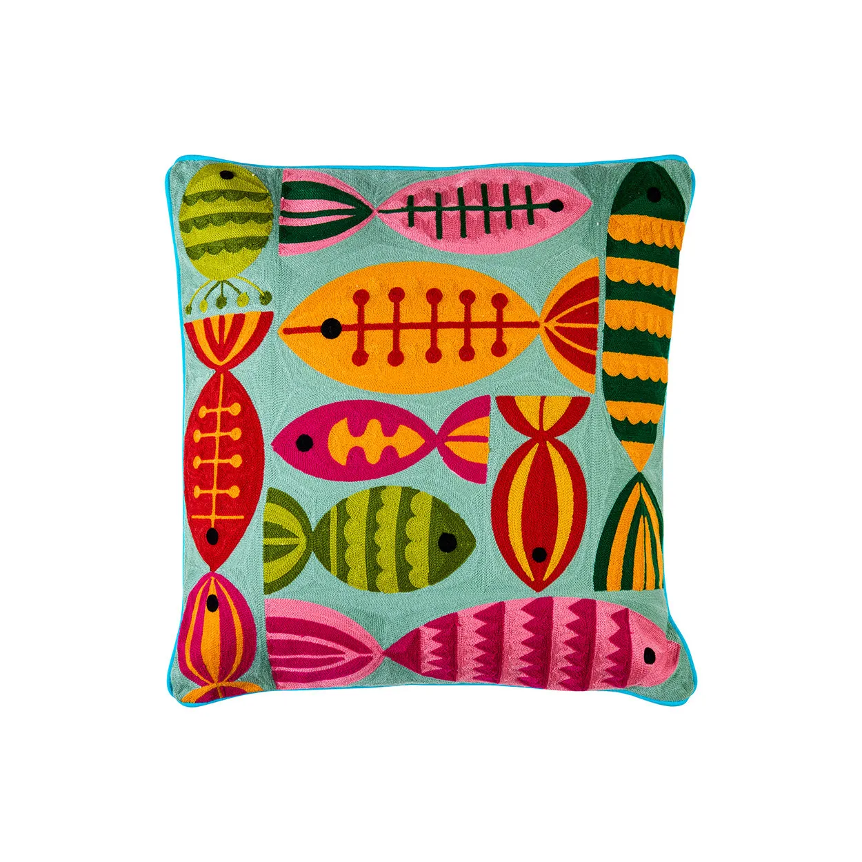Cuscino ricamo pesci in cotone multicolor celeste - 50x50
