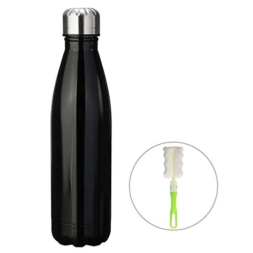 king do way Portatile Borraccia in Acciaio Inox, Termica Bottiglia d'Acqua Sportive 500ml per Mantenere Caldo e Freddo, con Spazzola di Pulizia (Nero)