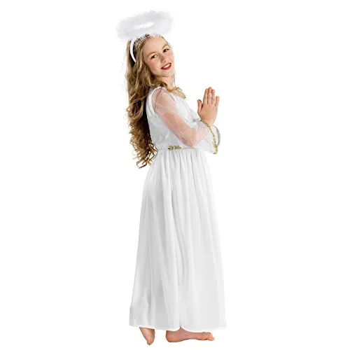 dressforfun Costume da bambina - Incantevole angelo | Lungo vestito con maniche scampanate in tulle trasparente | Aureola (5-7 anni | no. 300222)