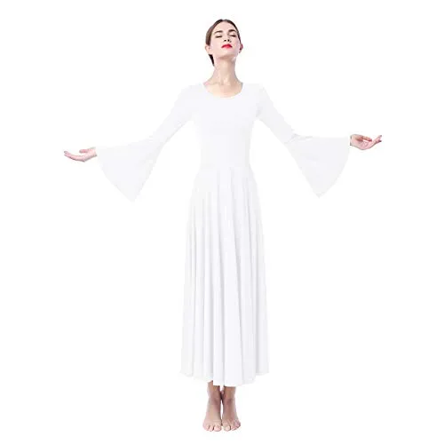 OBEEII Donna Vestito Liturgico Manica Lunga Abito da Balletto Ginnastica Body Classico Danza Combinazione Chiesa Preghiera Coro Costume Bianco L