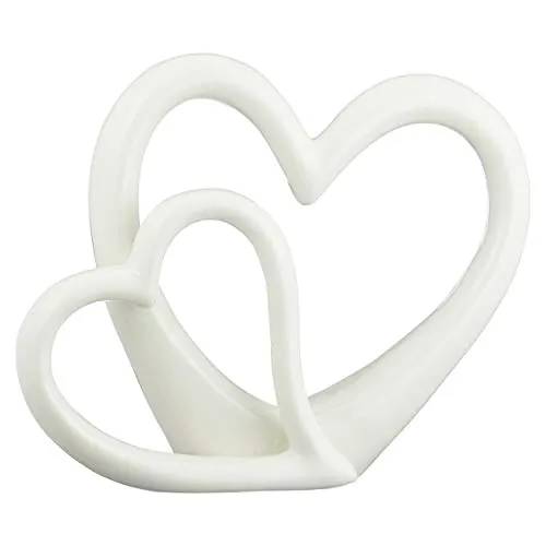 Cuore decorativo in argento - 20 x 18 cm - decorazione da tavolo in ceramica - Figura decorativa di design a doppio cuore lucido