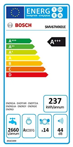 Bosch SMV67MX01E - Lavello da Incasso, A++, 237 kWh/Anno, 2660 Litri/Anno, Sistema Idraulico ActiveWater e Acciaio Inox