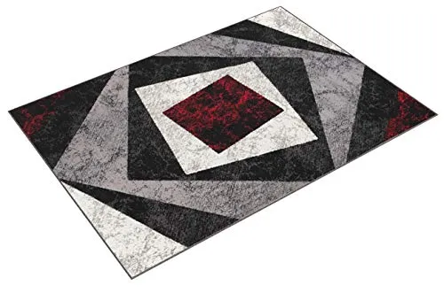 TAPISO Dream Tappeto Soggiorno Salotto Moderno Grigio Rosso Geometrico Quadrato A Pelo Corto 180 x 250 cm