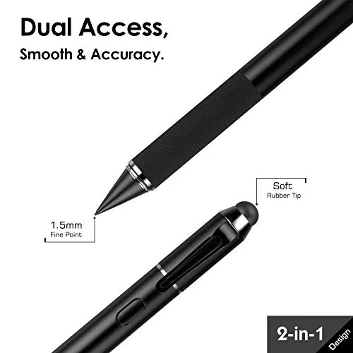 MoKo Penna Capacitiva Attiva 2 in 1, Punta Attiva & Gomma, 1.5mm Stilo Stylus Attivo Universale + Punta Gomma per Dispositivi Schermi Touch, iOS/Android/Windows, iPad, iPhone, Samsung, ECC. - Nero