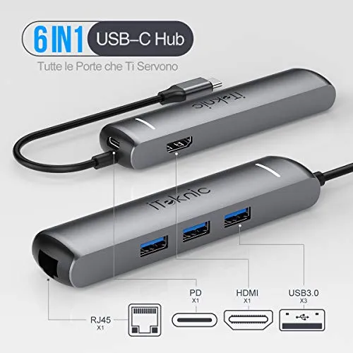 Hub USB C iTeknic 6 in 1 USB Type C Hub Alimentato con Porta HDMI 4K, USB C Power Delivery, Ethernet Gigabit LAN RJ45, Porte USB 3.0 per Macbook Pro, MacBook Air, Huawei MateBook, DELL XPS e altro