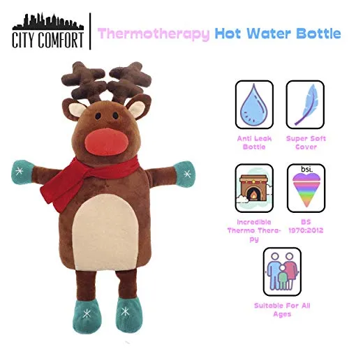 Borse Dell'Acqua Calda Per Bambini | Bottiglia Di Acqua Calda 1L In Gomma Naturale Ricoperta Da Un Peluche Super-Soffice Motivo Animali | Accessori Regalo Unicorno (renna)