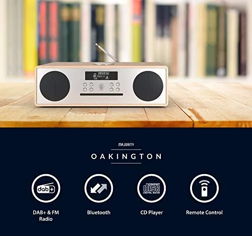 Oakington Lettore CD, Bluetooth, DAB/DAB+/FM, Telecomando, Sistemi Hi-Fi e Surround, AUX-in, USB Input/Carica (Quercia)