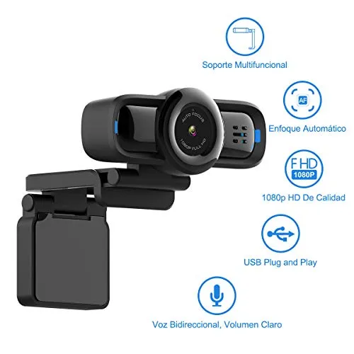 Dericam Webcam Live Streaming Automatica 1080P, USB Desktop/Laptop/Computer Camera, visualizzazione a 90°, Pulsante di Protezione Privacy, Microfono Incorporato, Clip Girevole Flessibile, W2P