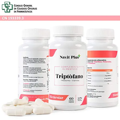 5HTP Triptofano. L-Triptofano 500 mg + Melatonina + B6 + B3 + B2. Suplemento de triptofano perfetto per regolare il sonno e l'umore. 60 capsule vegetale, trattamento per 2 mesi.