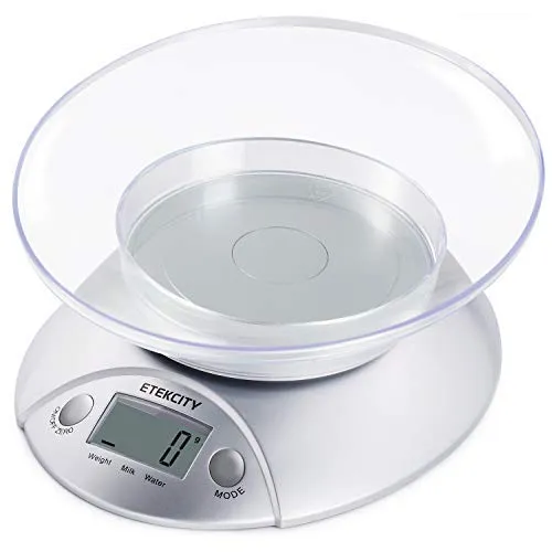 ETEKCITY Bilancia da Cucina Digitale Elettronica 5kg/11lb, Bilancia per Alimenti con Ciotola in Plastica Removibile, Funzione Tara/Misura Volume/Liquidi, Display LCD, Argento