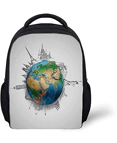 Zaino elegante Terra, Globo del Pianeta Terra Continenti realistici Geografia Tema Disegno a matita decorativo per viaggi scolastici, 9,4 'L x 3,5' L x 12,2 'H