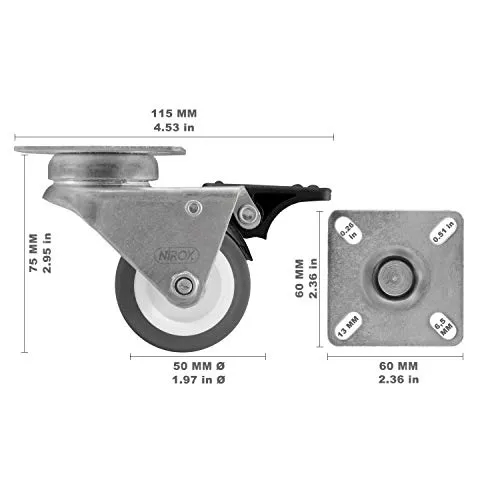 Nirox Set da 4 Ruote per carichi pesanti 50mm - Ruote pivontanti per mobili 4x con freno - Ruote girevoli altezza totale di 75mm - Rotelle piroettanti fino a 400kg