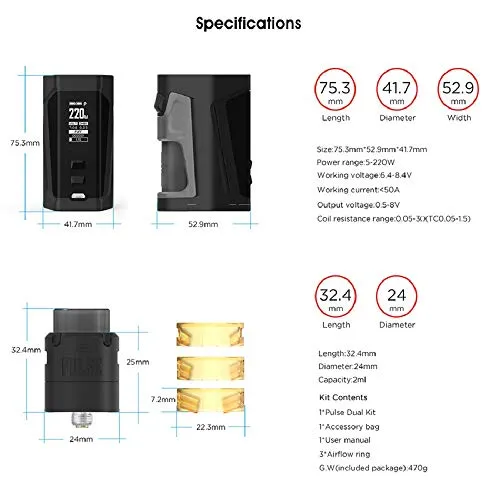 Sigaretta Elettronica Vandy Vape Pulse Dual Kit with Pulse V2 RDA Atomizzatore-Niente Nicotina Niente Tabacco (Rosso)