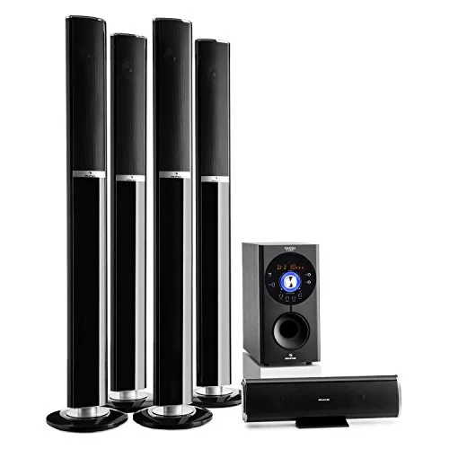 auna Areal 652 - Surround Sound System 5.1 , home theater , impianto casse , 145 Watt RMS , subwoofer a diffusione laterale 16,5 cm (6,5") , Bluetooth , USB , SD , AUX , 2 entrate microfono , nero