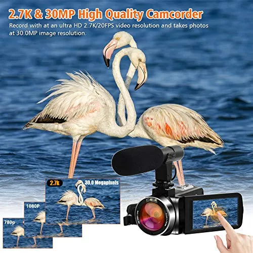 Videocamera 2.7K 20FPS 30MP Videocamere Full HD con funzione Pausa Touchscreen ruotabile da 3.0" Videocamera Digitale con microfono