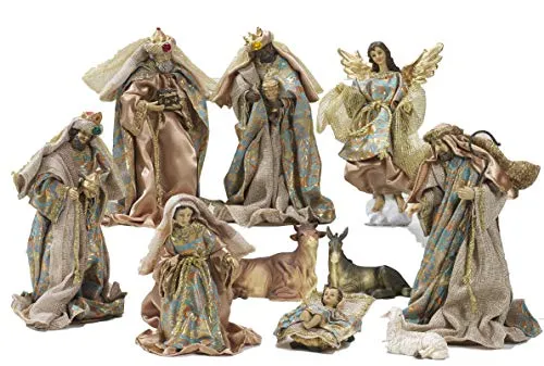 Idea Natale: Presepe natività in resina composto da 10 statue soggetti in resina e vestito in stoffa (31 Centimetri)
