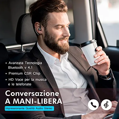 Mpow Auricolare Bluetooth 4.1 con CVC 6.0 Microfono Stereo, CSR Chip e Tecnologia di Catturare Voce Chiara, 4 Tasti per Facile Operazione, Cuffia Bluetooth Senza Fili con Earbud Regolabile 180°