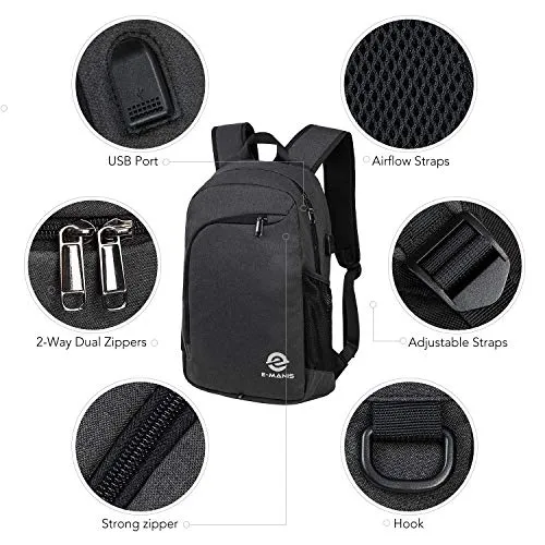 E-MANIS Unisex Multiuso Zaino con Laptop Portatile da 15.6 Pollici Zaino Porta USB,Zaino per PC Portatile Impermeabile da Uomo Borsa per La Scuola Scuola,Business,Viaggi,Nero