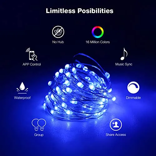 iLUX 5m Smart Copper String Lights, Bluetooth & APP Control LED Fairy Lights, RGB Multicolored, USB Powered, Voice/Music Sync, IP65 Waterproof Decorative Lights for Outdoor, Party, Garden and More