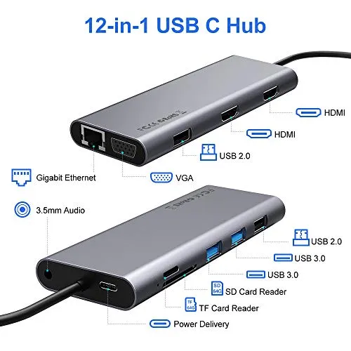HOPLAZA Hub USB C Adattatore 12 in 1 Tipo C con 2 HDMI 4K, VGA, Ethernet, USB C PD, 4 USB3.0/USB2.0, Lettore di schede SD/TF, Mic/Audio, Adattatore USB C per MacBook PRO/ChromeBook/HP (Space Grey)