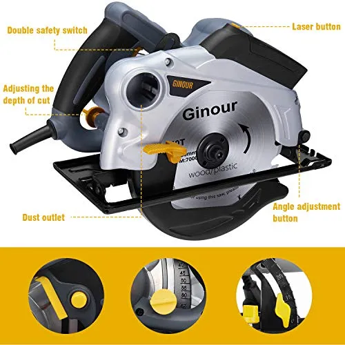 Sega Circolare, Ginour 1500W 4700RPM Guida Laser Sega Elettrica con 2 X 190mm Lamas (40T&24T)/67mm (90°) e 46mm (45°) di Taglio Massima, Motore in rame puro, 2m Cavo di alimentazione