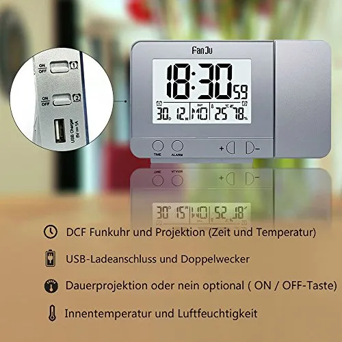 FanJu FJ3531S Orologi a Proiezione Sveglia con Proiezione Digitale con Proiezione della Temperatura e del Tempo/Collegamento USB/Temperatura Interna e umidità/Calendario