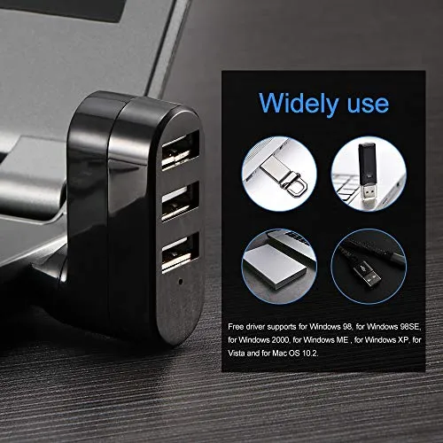 TiooDre Hub USB Ruotabile Adattatore 3 porte USB rotante USB HUB 2.0 ad alta velocità per PC Tablet PC (nero)