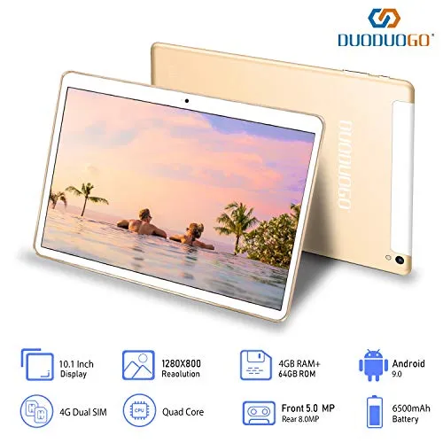 4G Tablet 10.1 Pollici Con wifi Offerte , 4GB +64GB /128GB Espandibili , Android 9.0 Tablet PC Dual SIM 7500mAh+Altoparlante Bluetooth, 8MP Fotocamera Quad Core WiFi/Bluetooth/ GPS/OTG (D'oro)