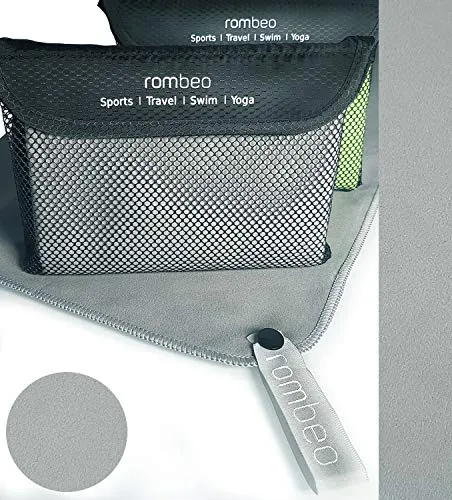 Rombeo - Asciugamano in Microfibra, da Viaggio, per Fitness e Campeggio 120 x 60 cm, Grigio, 120x60 cm - mit Tasche
