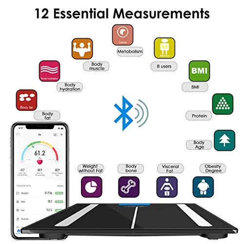 Bilancia Impedenziometrica Professionale Bluetooth Bilancia Pesa Persona Digitale Massa Grassa Smart Bilancia Bioimpedenziometria e Diagnostica per IOS e Android Integrata con 12 Indici di Misurazione