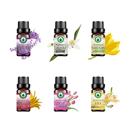Set di 6 oli essenziali floreali Top 6, per aromaterapia. Puri al 100%, alta qualità - Set regalo da 6 boccette da 10 ml: violetta, giglio, neroli, tulipano, bergamotto, ilang-ilang