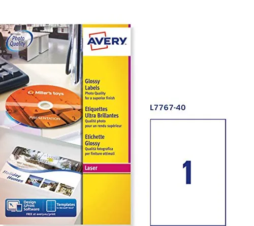 Avery L7767-40 Etichette Lucide, 1 Pezzo per Foglio, 40 Fogli, 210 x 297
