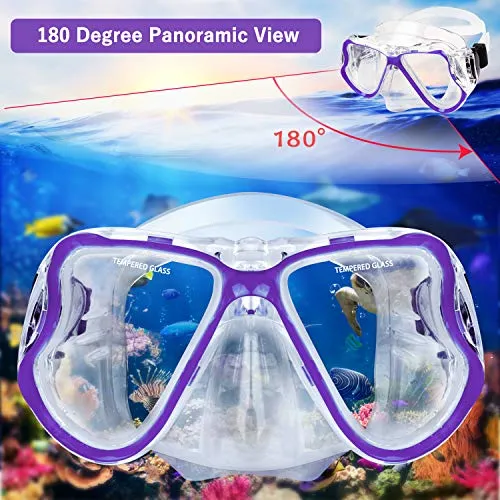 Fenvella 2019 Set Snorkeling, Anti-Fog Maschera Snorkeling con Panoramica a 180 Gradi e Boccaglio Snorkel, Kit Snorkeling Professionale per Adulti (Viola)