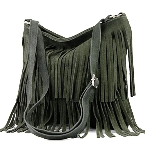 Ital. Borsa a tracolla in pelle Frans borsa tracolla donna borsa in pelle scamosciata T125, Colore:olive nere