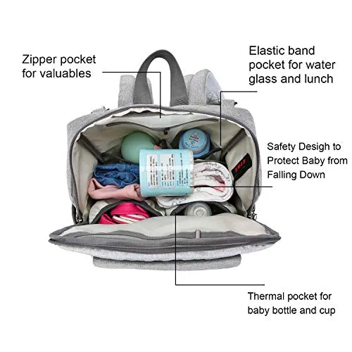 Zaino Mamma Multifunzione, Borsa per Pannolini Zaino Fasciatoio Impermeabile Borsa Nappy Stoffa con Porta di Ricarica USB Seggiolino per Sedia, Grande Capacità Zaino da Viaggio per Mamma Papà (Grigio)