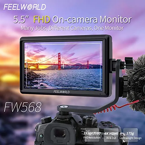 Feelworld FW568 5.5 Pollici On Camera Field Monitor DSLR Small Full HD 1920x1080 IPS Video Peaking Focus Assist con 4K HDMI 8.4V DC Input Output Includono Tilt Arm