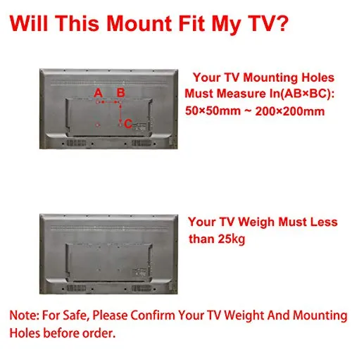 TV Montaggio a Parete Staffa Universale per LCD LED Schermo Piatto o Monitor 14-42 Pollice Max VESA 200mm × 200mm e fino a 25kg