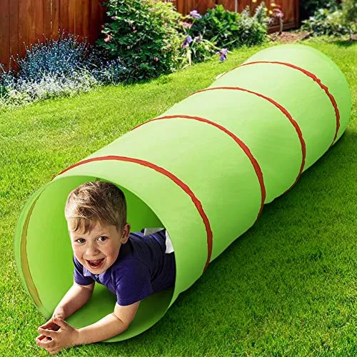 BAKAJI Tenda Tunnel Giocattolo per Bambini Pieghevole Chiusura Pop Up Gioco Esterno Giardino Casa Dimensione 48 x 180 cm (Verde)