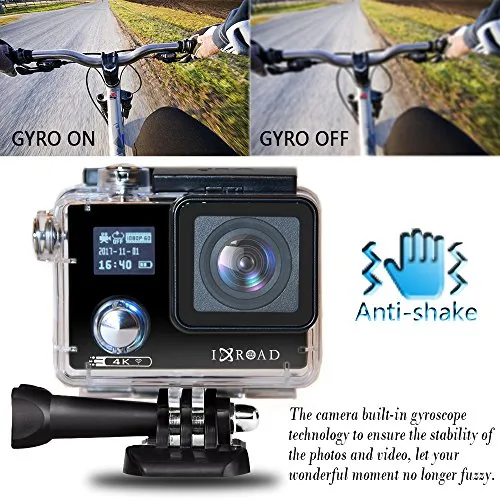 IXROAD Action Cam 4K 20MP WiFi Sport Camera Fotocamera Telecamera Videocamera Subacquea con Gyro Stabilizzatore Angolo Regolabile Time Lapse Telecomando Valigetta 2 Batterie e Accessori (Nero)