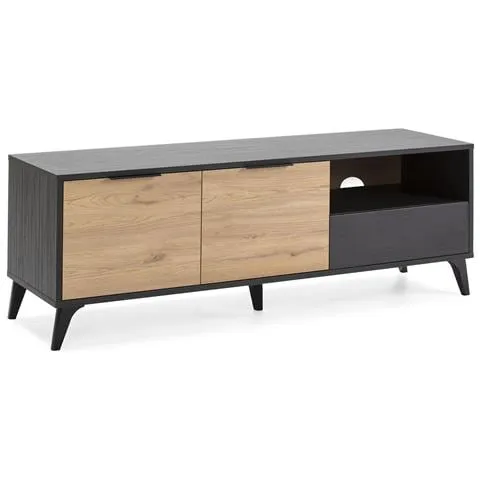 Mobile Per Tv Koln 2 Porte E 1 Cassetto, Color Nero Spazzolato Y Legno, 136,5 Cm (larghezza) 40 Cm (profonditá) 48,5 Cm (altezza)