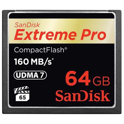 64GB Extreme Pro CF 160MB / s, 64 GB, CompactFlash (CF) , 160 MB / s, -25 - 85 °C, -40 - 85 °C, 4,3 cm
