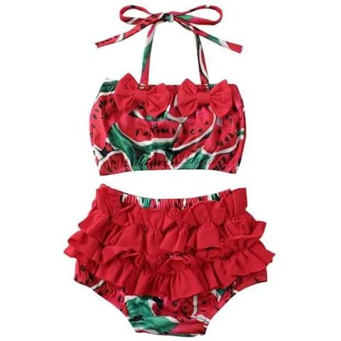 Baby Girl Summer Pineapple Watermelon Print Swimwear Toddlers Kids Children Bikini Set Ruffle Bowknot Swimsuit [ anguria Rossa / Da 1 A 2 Anni]